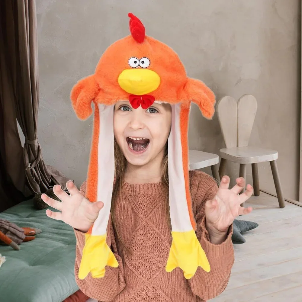Kids Chicken Animal Hat with Ears Moving Jumping Pop Up Beating Plush Holiday